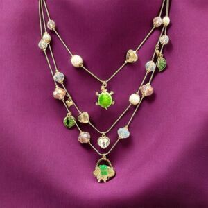 NEW Betsey Johnson Vintage 3-Tier Charm Necklace Frog in Basket Turtle Lily Pads